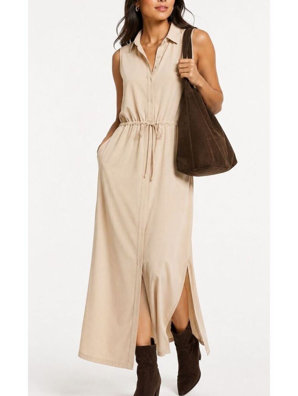 Kyodan Maxi Shirt Dress Utility Travel Minimalist Coastal Beige Women’s M